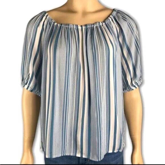 Women’s petite loft blue and white vertically striped blouse size small nautical - Picture 1 of 8